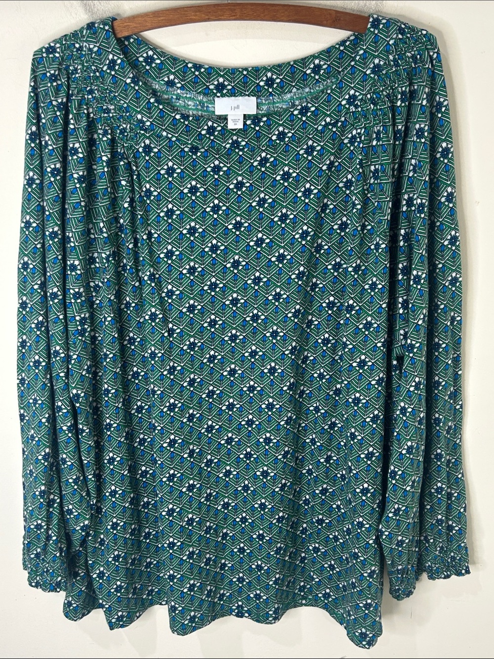 J. Jill Teal Green Navy Geometric Print Long Sleeve Top Size 3X
